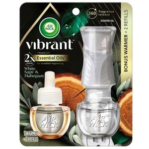 Airwick Vibrant 2x Essential Oils White Sage & Mahogany Warmer and 2 Refills NEW